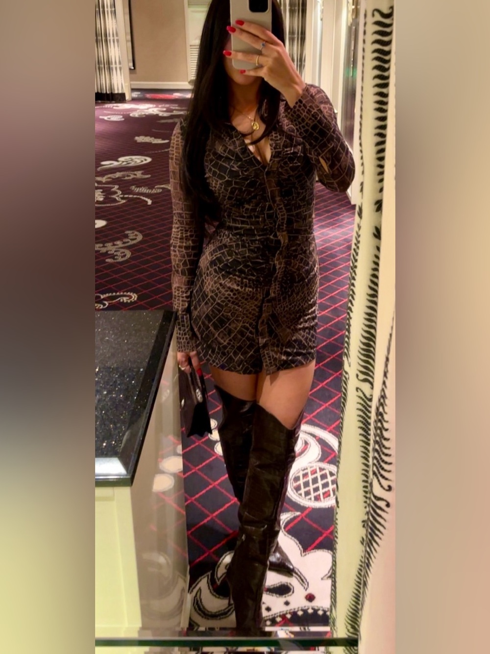 Fashion Nova Long-Sleeve Faux Croc Shirt Dress in Brown and Black